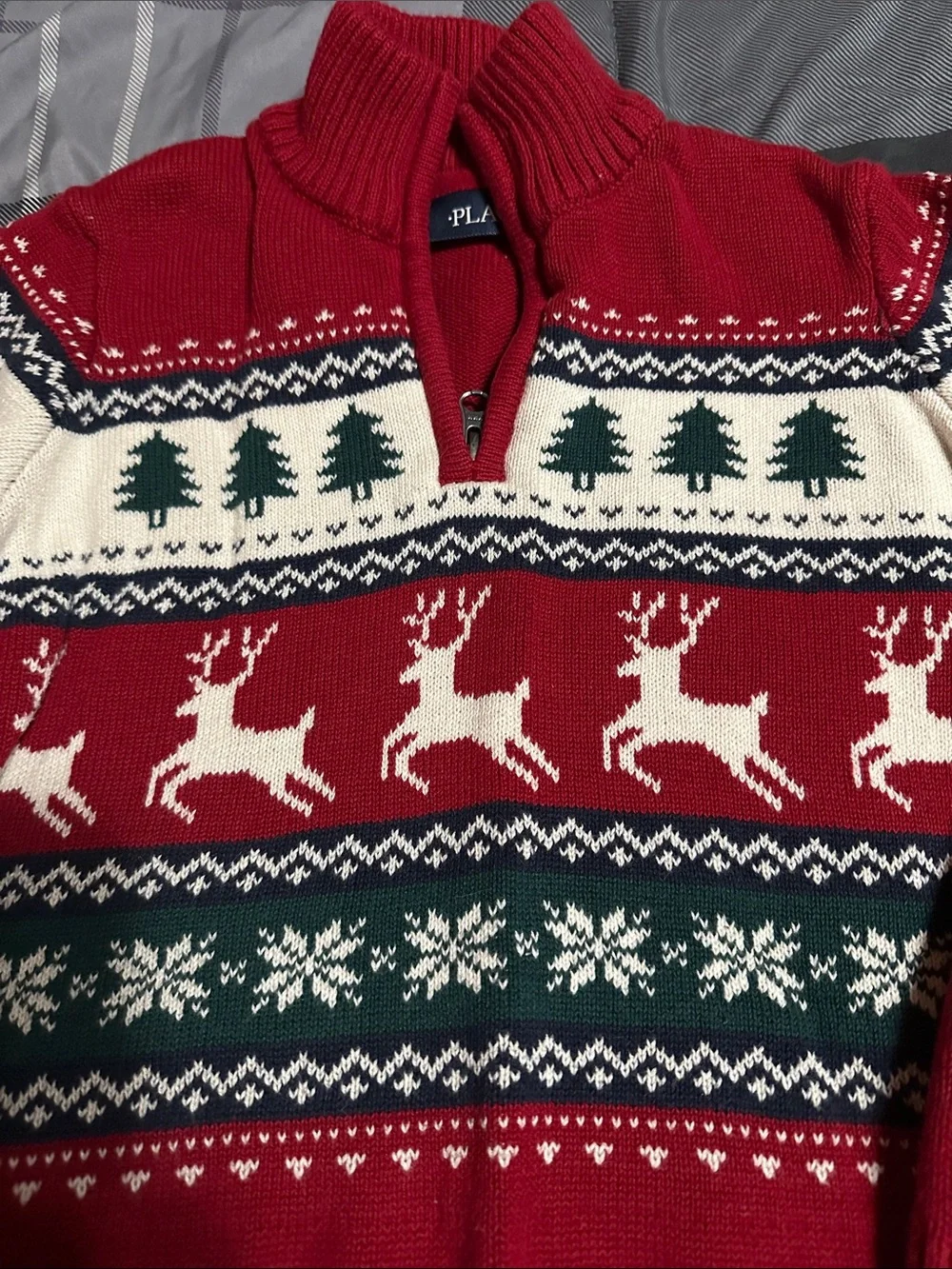 Kids Christmas  Red Reindeer Fair Isle Half-Zip Sweater